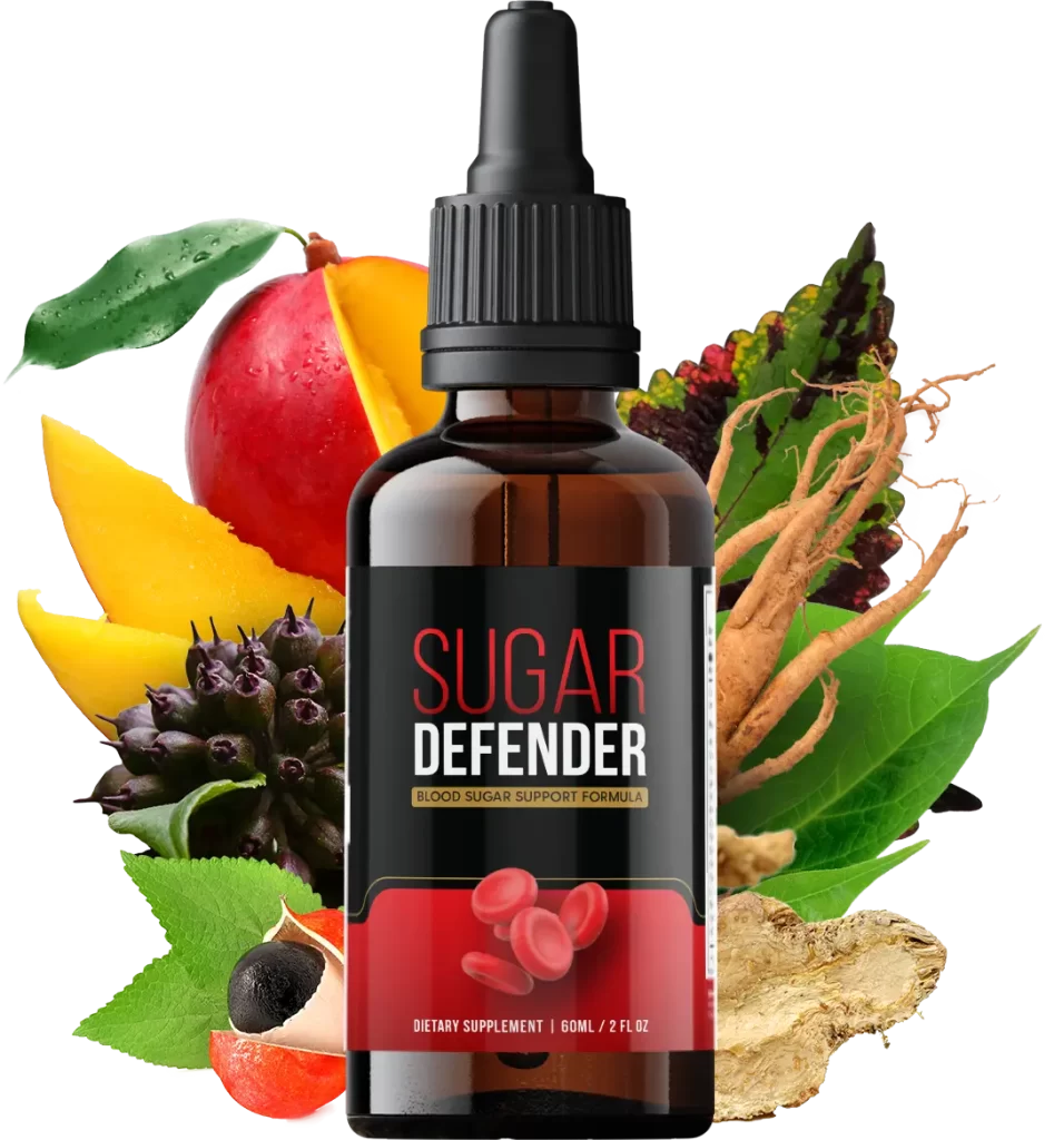 Bottle of Sugar Defender supplement surrounded by natural ingredients like mango, ginseng, and other herbal components for supporting blood sugar levels